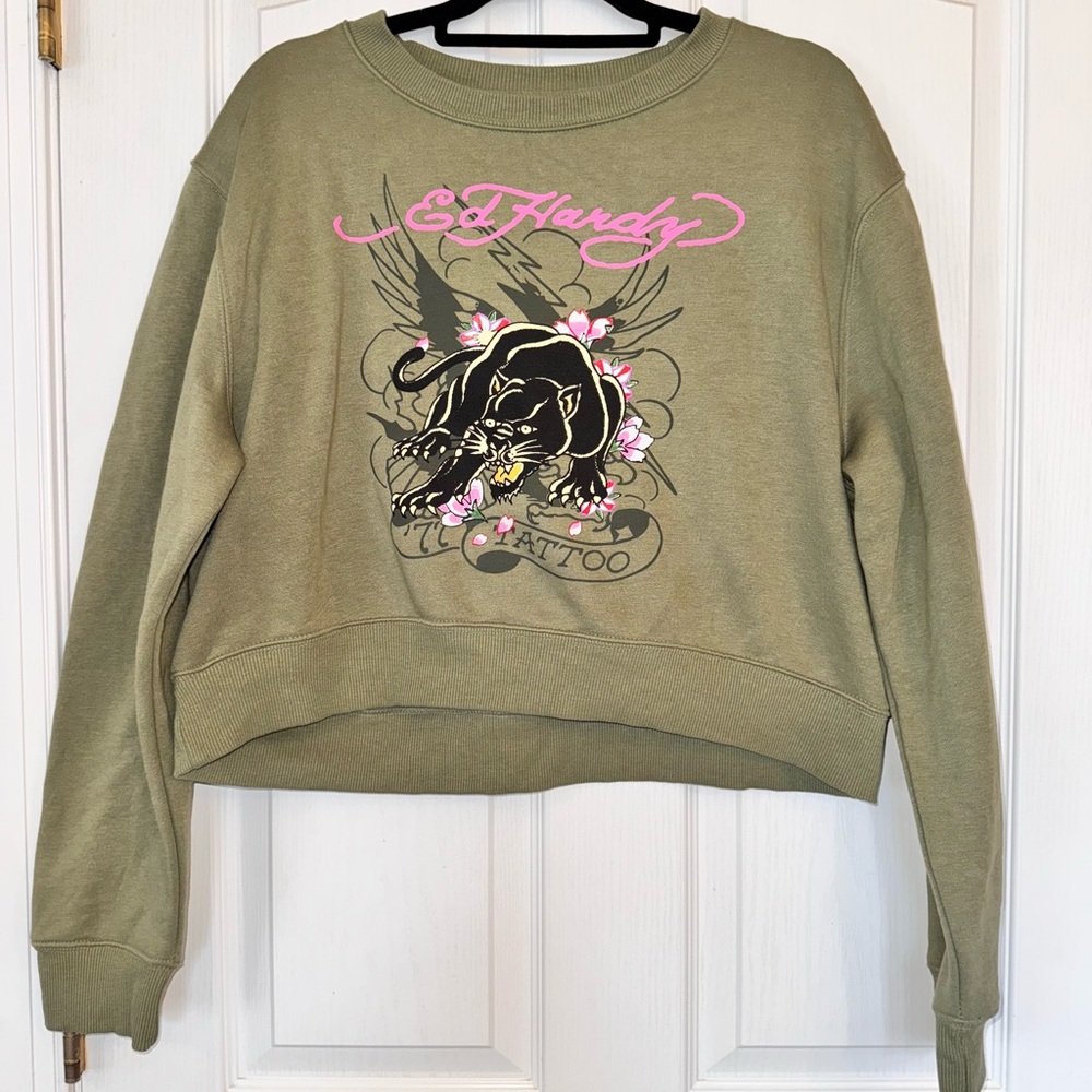 Ed Hardy Y2K Olive Green 77 Tattoo Panther Cropped Sweatshirt Size XL